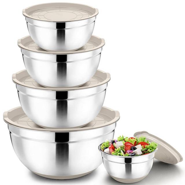 P&P CHEF Mixing Bowls with Lids Set of 5, Stainless Steel Nesting Bowl with Khaki Lid & Base for Non-slip Mixing Prepping Storing Serving, 5 Sizes-7/3.5/2.5/1.5/1 QT
