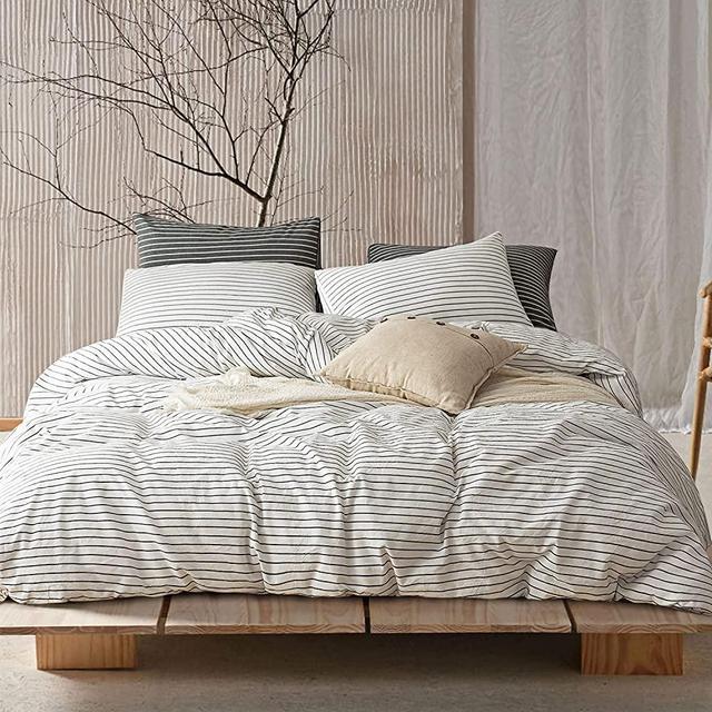 ECOCOTT 3 Pieces Duvet Cover Queen ,100% Washed Cotton White Duvet Cover Sets with Black Cross Striped Pattern Simple Style Bedding Set(Queen Size)