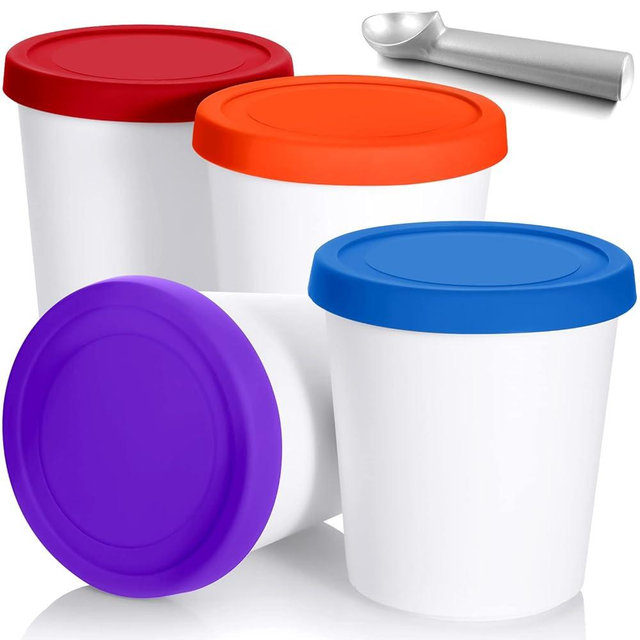 Nuenen 5 Pack Ice Cream Containers 1Qt Freezer Storage Tubs with Silicone Lids and Spoon for Homemade Ice Cream Reusable, Sorbet Dishwasher Safe (Dark Series Colors)