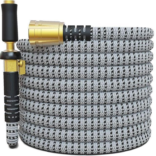 TITAN 100 FT Garden Hose - All New Expandable Water Hose with Triple Latex Core 3/4" Easy Removal Solid Brass Fittings Expanding Extra Strength Fabric Flexible Hose with Jet Nozzle and Washers (H)