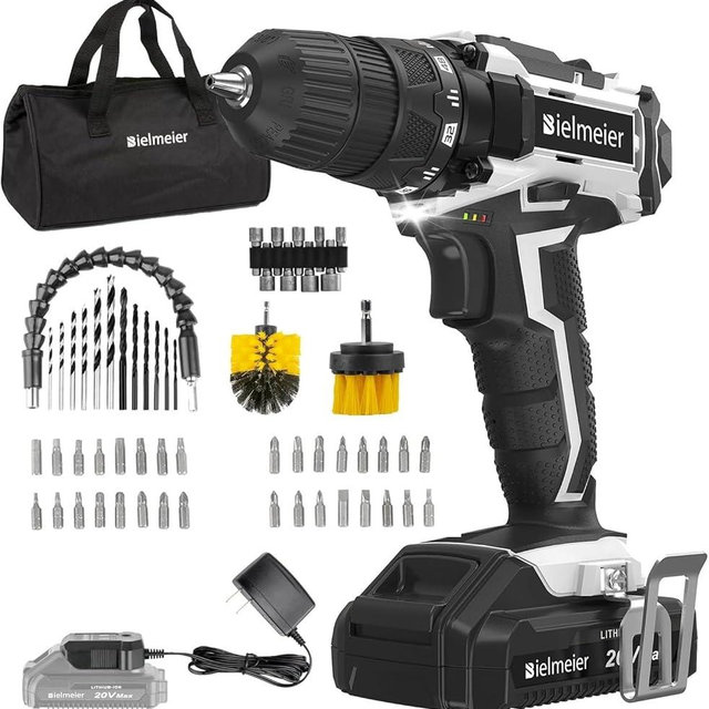 Bielmeier 20V MAX Cordless Drill Set – 285 In-lb Torque,2 Variable Speed,64+1 Position,3/8" Keyless Chuck,Drill Machine Includes 2 Brushes,Flex Shaft,Cloth Bag & 58 Drill Bits（Black）