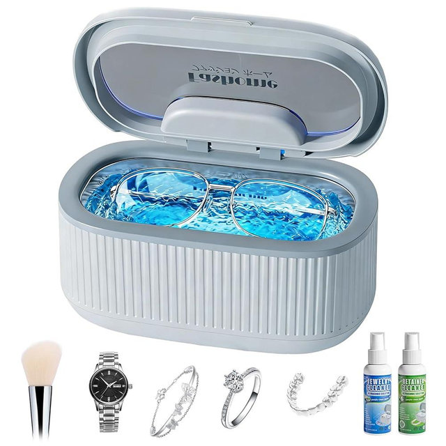 Ultrasonic Jewelry Cleaner Machine with 2×100ml Cleaning Solution, 45kHz Sonic Cleaner for Rings, Glasses & Watch Band, 550ML Stainless Steel Tank, 5 Timer, 3 Power Levels, Degas Mode-Gray