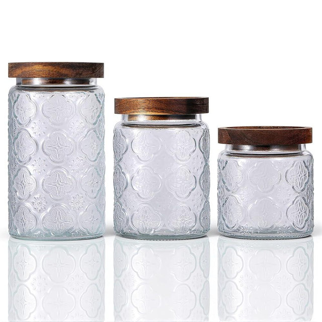 SHENLIU 3Pcs 17/24/34 oz Glass Jar with Airtight Lid, Vintage Food Storage Containers Set Food Jars Canisters for Kitchen Counter Pantry, Sugar, Flour, Candy, Tea, Coffee Beans, Oats, Grain Bin, Pasta