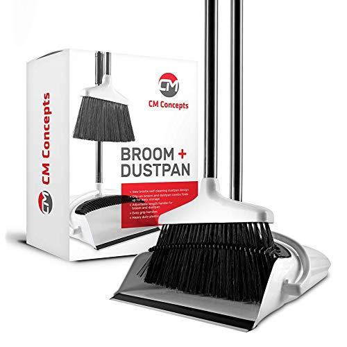 Broom and Dustpan Set with Self Cleaning Bristles, Upright Stand Up Long Handle Floor Brush + Angle Dust Pan Combo for Indoor/Outdoor Sweeping, White