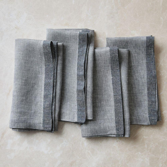 Contrast Border Linen Napkins, Storm Gray, Set of 4, 18"x18"