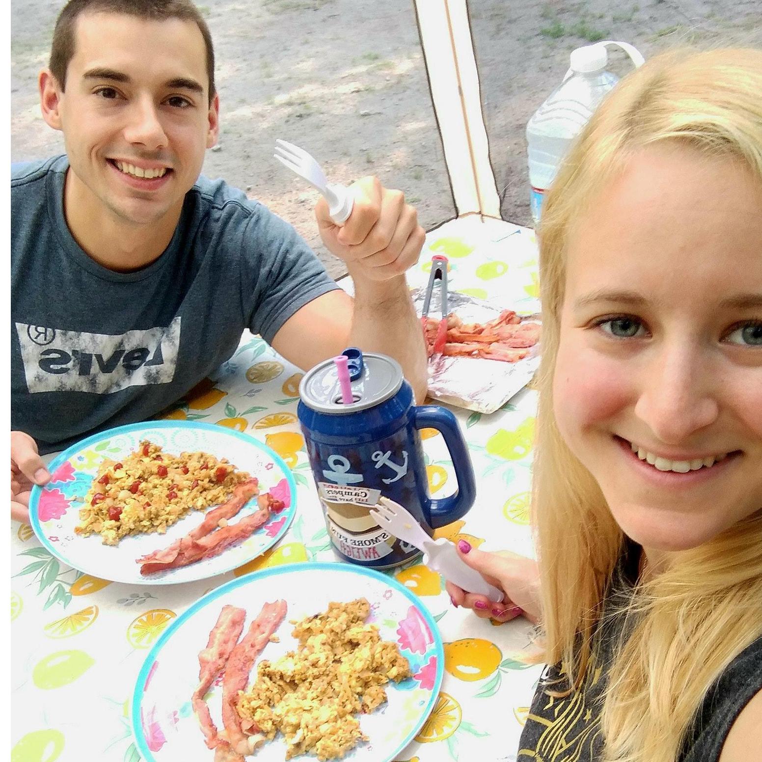 Breakfast during one of our many camping trips