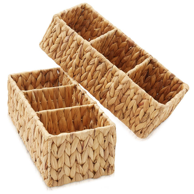 Casafield Set of 2 Water Hyacinth Storage Baskets with 3 Sections, Natural - Woven Organizer Bins for Bathroom, Laundry, Pantry, Office, Shelves