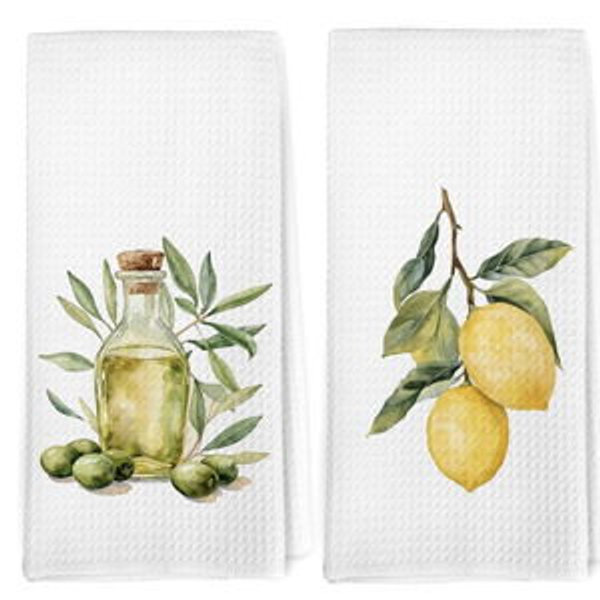 Dibor Farmhouse Summer Olive Lemon Kitchen Towels Dishcloth Set of 2, Lemon Gifts Decor Dish Towels, Minimalist Summer Fruit Olive Oil Decorative Hand Tea Towel for Kitchen, 16x24 Inch