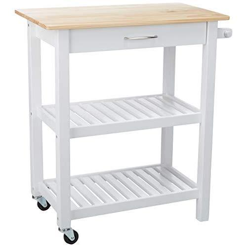 AmazonBasics Multifunction Rolling Kitchen Cart Island with Open Shelves - Natural and White