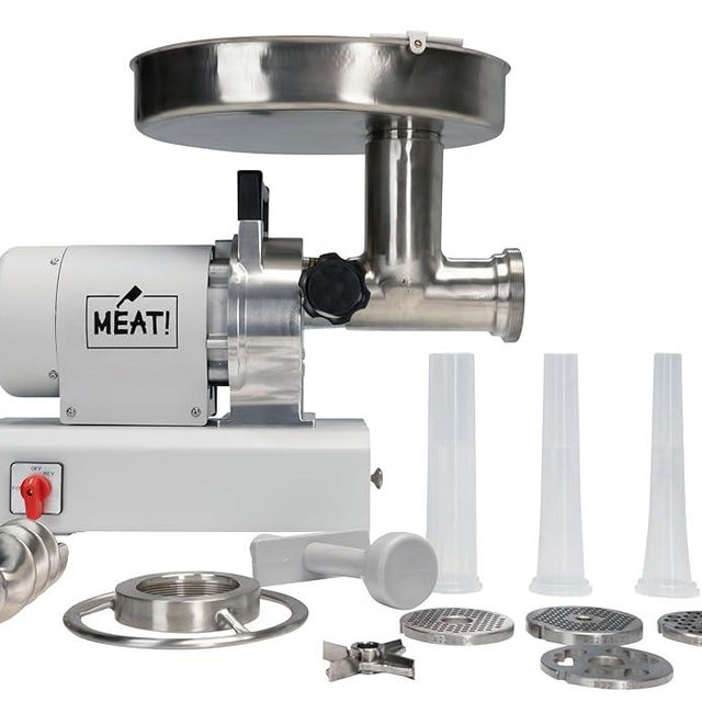 MEAT! 1 HP Dual Meat Grinder with 3 Stuffing Tubes, 2 Stainless Steel Grinding Plates, and a Stainless Steel Stuffing Plate for Making Ground Meat