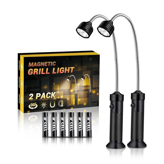 BBQ Grill Light, Barbecue Grilling Accessories for Outdoor Grill with Flexible Neck, Magnetic Base, Christmas Stocking Stuffers Birthday Grilling Gifts for Men Dad, 2 Pack-Batteries Included