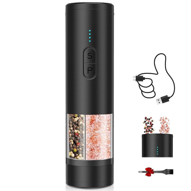 HeatBay Electric Salt and Pepper Grinder Set 2 in 1, USB Rechargeable, Automatic Salt and Pepper Mill Shakers with LED Light, Battery Display, Adjustable Coarseness, Ideal for Kitchen Outdoor BBQ Gift