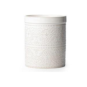 MIKIGEY Kitchen Utensil Holder, 7 Inches Large Ceramic Utensil Holder for Countertop, Lace Emboss Cooking Utensil Crocks for Kitchen, Home Decor, Off-White