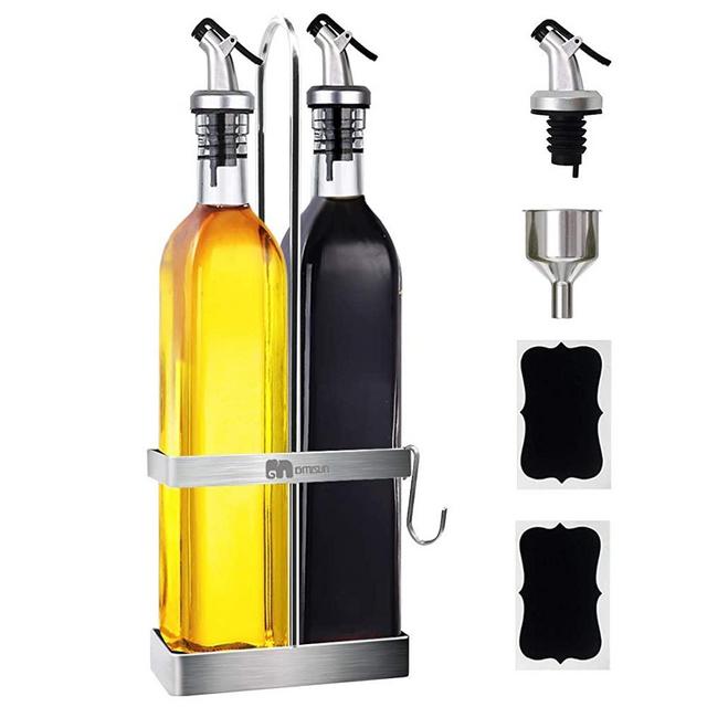 GMISUN Olive Oil Dispenser Bottle 17oz Clear Glass Olive Oil Bottles W/Stainless Steel Rack Holder - Oil and Vinegar Dispenser Set for Kitchen Cooking - Drip Free Spouts, Funnel and Labels, 2 Pack