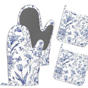 Rustic Blue Floral Oven Mitts and Pot Holders Sets,Extra Long Vintage Hydrangea Flowers Kitchen Mittens for Cooking,Thick Cotton Heat Resistant Silicone Cooking Utensils Set for Baking Cooking