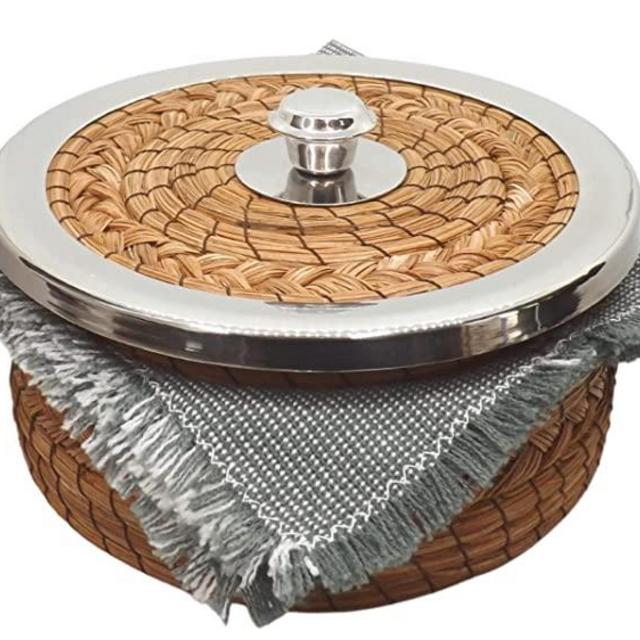 ECONIA - Tortilla Warmer Handwoven with Handloomed Cloth Tortillero Warmer - Tortilla Basket - 100% Pine Needle - Tortilleros mexicanos (Small Metal Rim w cloth)