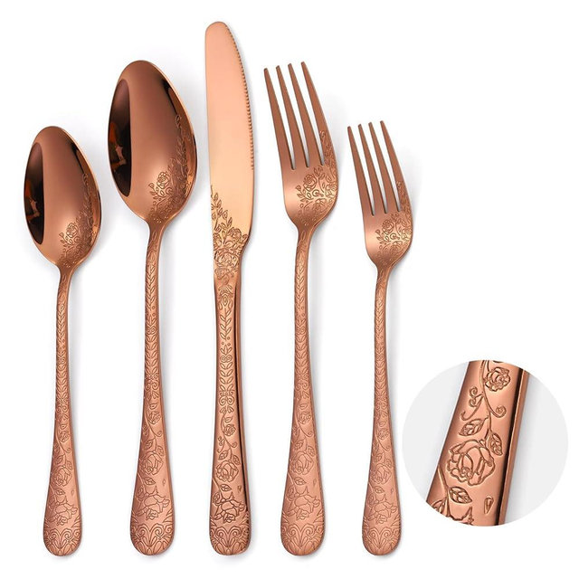 A · HOUSEWARE Vintage Flatware Copper/Rose Gold Floral Silverware 30 Piece Stainless Steel Set for 6 Cutlery Utensils Unique Embossed Pattern Design Elegant Home Kitchen Restaurant Festival Parties