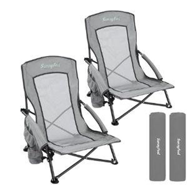 SUNNYFEEL Folding Low Camping Beach Chair 2 Pack, Portable Backpacking Chairs with Cup Holder,Carry Bag Compact & Heavy Duty for Adults 300 LBS for Outdoor Picnic Fishing Sand Lawn