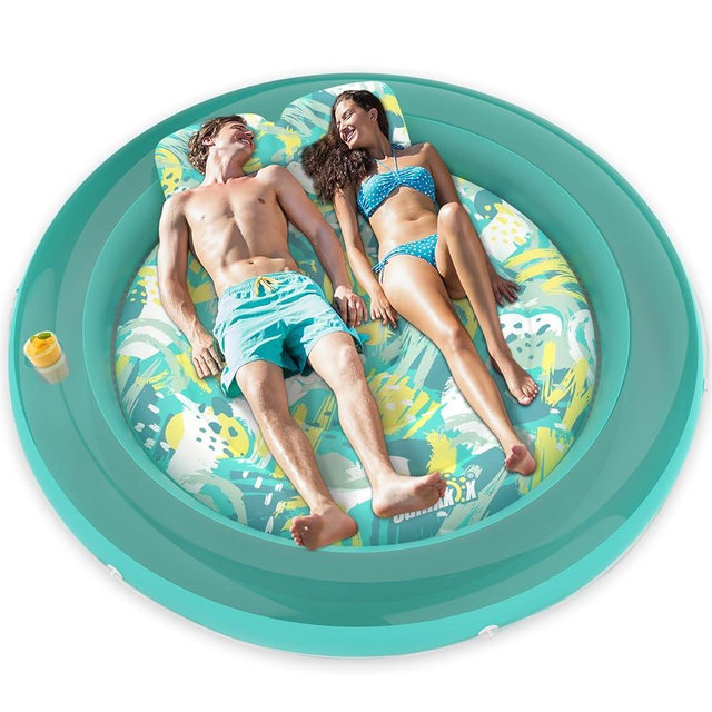 Sunikko X Tanning Pool Floats Adult, 71" x 71" Large Luxury Inflatable Float Floating Lounge with Pillow, Circle 4 in 1 Suntan Tub Sunbathing Bed with Drink Holder, Beach, Lake, Swimming Pool, Party