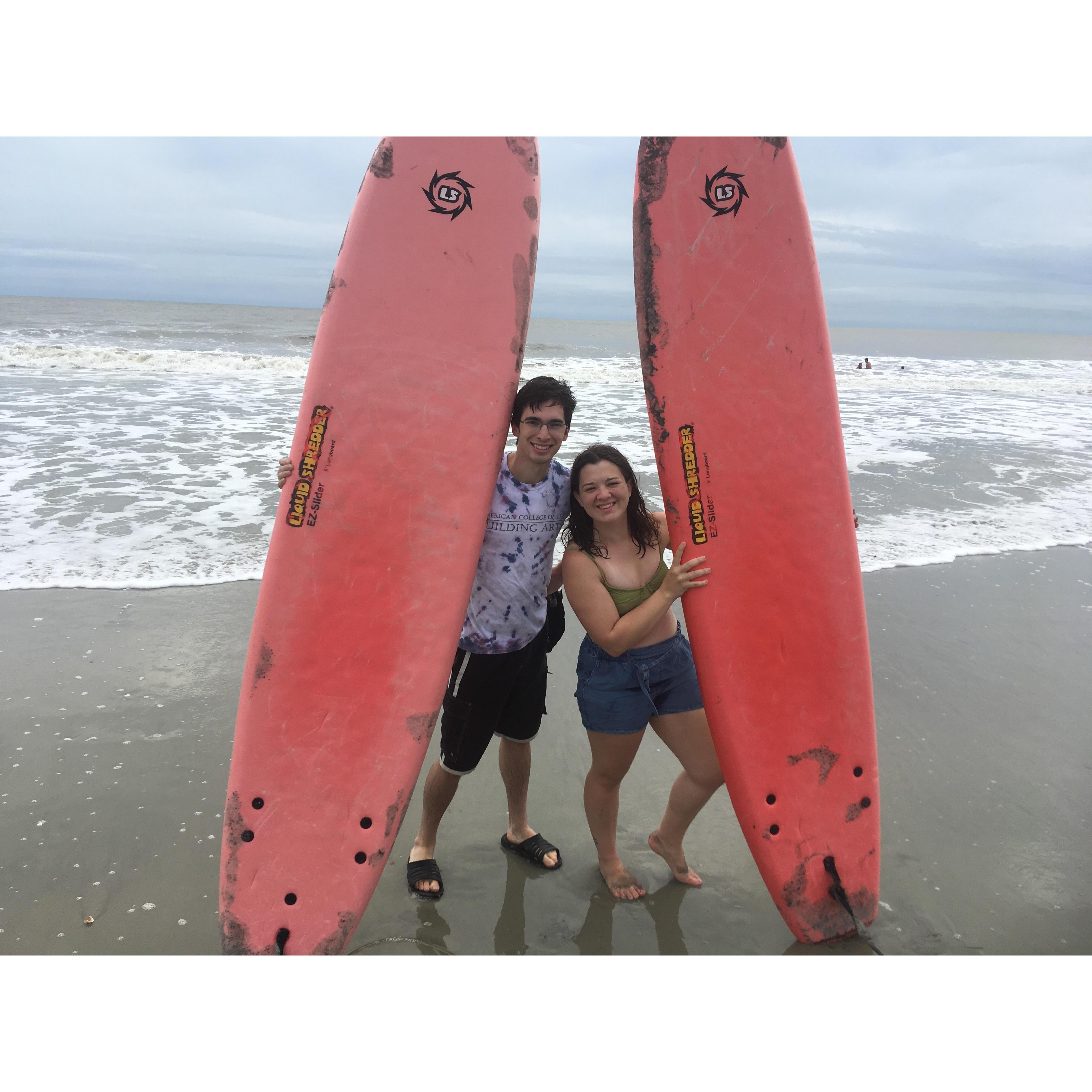 Our first surf lesson together was a blast