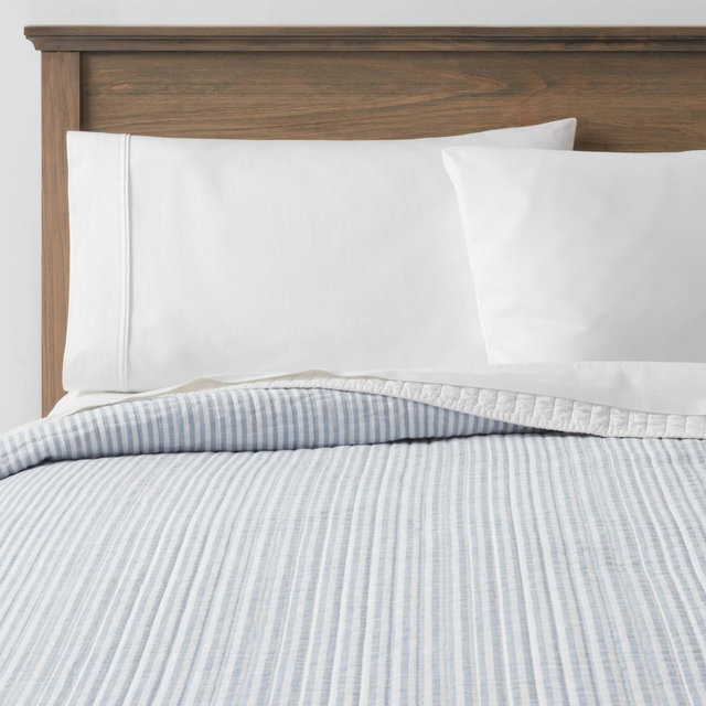 Full/Queen Reversible Cotton Stripe Quilt Light Blue - Threshold™