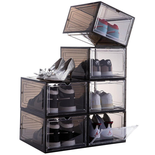 Attelite Drop Front Shoe Box,Set of 6,Stackable Plastic Shoe Box with Clear Door,As Shoe Storage Box and Clear Shoe Box,For Display Sneakers,Easy Assembly,Fit up to US Size 12,Black