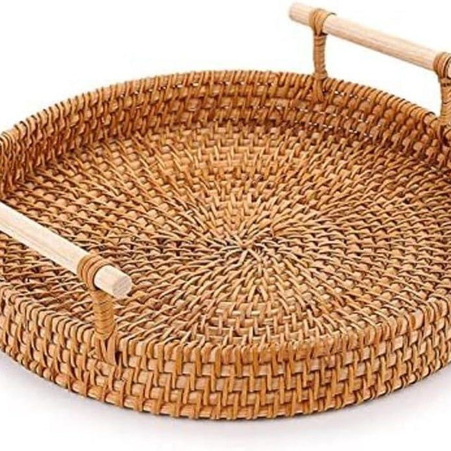 Rattan Tray 8.7-Inch Round – Woven Serving Basket with Handles – Decorative Tray for Coffee Table, Bread, Fruit, Vegetables, Restaurant & Home Use