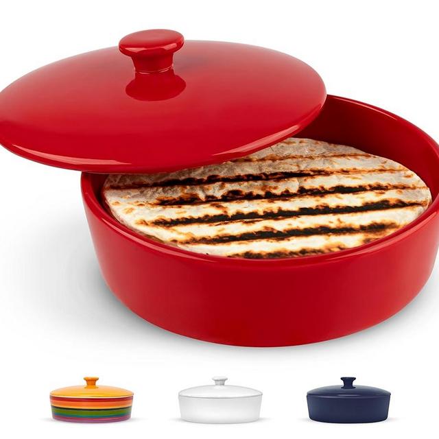 KooK Tortilla Warmer, Tortilla Holder, Taco Bar, Ceramic Hand-painted with Lid, Authentic, Microwavable Storage Container, Dishwasher Safe, 8.5 Inch, Red