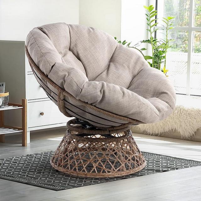 Bme Egronomic Wicker Papasan Soft Thick Density Fabric Cushion, High Capacity Steel, 360 Degree Swivel Chair for Livingroom, Bedroom, Reading Room, Lounge, Silver Cloud - Brown Frame