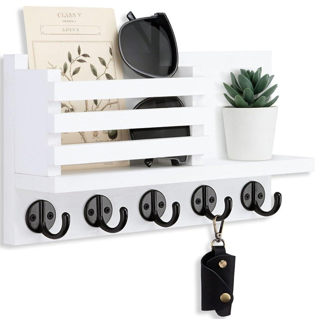 Lwenki Key Holder for Wall – Decorative Wooden Mail Holder and Key Shelf with Mounting Hardware, Installation Guide – Paulownia Wood with 5 Metal Key Hooks (11.8” x 6.7” x 2.8”)