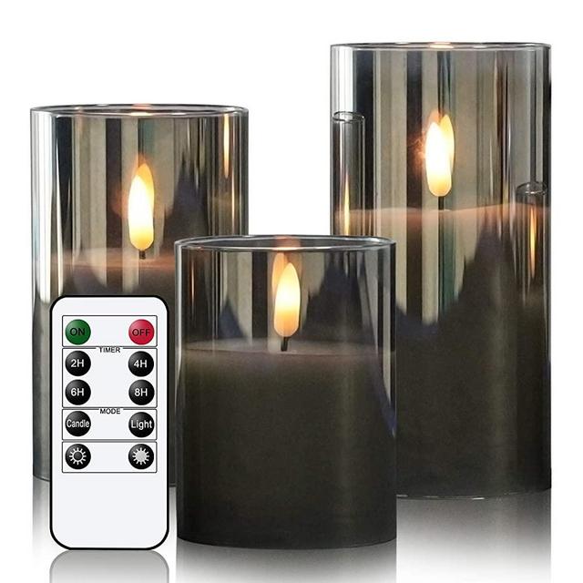 GenSwin Glass Flameless Candles with Remote Battery Operated Flickering LED Pillar Candles Real Wax 3D Wick for Wedding Festival Home Decoration(Gray,Pack of 3)