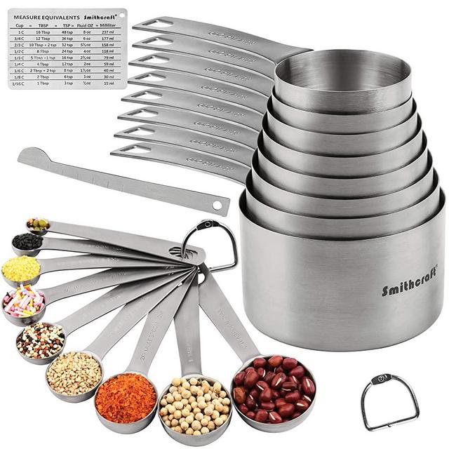 Measuring Cups and Spoons Set, 8 Stainless Steel Measuring Cups and 9 Measuring Spoons and 1 Measurer Ingredient Leveler and 1Magnetic Conversion Chart and 2 Rings