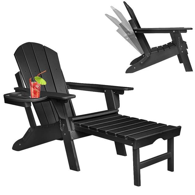 NAVINE Adjustable Backrest Adirondack Chair,Folding Adirondack Chairs,Plastic Adirondack Chairs with Ottoman with 4 in 1 Cup Holder Trays for Deck, Terrace, Patio, Poolside.（Black）