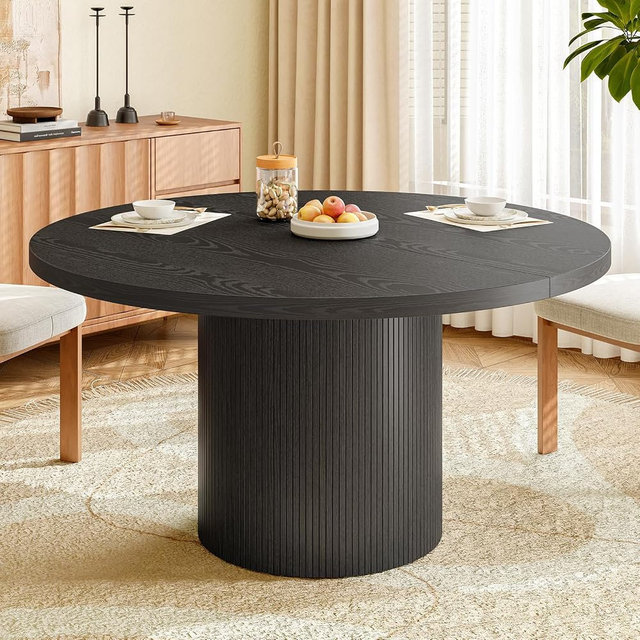 Lefurture 47 Inch Round Dining Table for 4-6, Fluted Kitchen Table with Wood Strip Base, Mid Century Modern Circle Dinner Tables for Dining Room, Kitchen, Black
