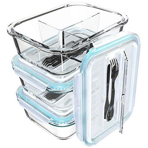 Glass Meal Prep Containers 3 Compartment - Bento Box Glass Lunch Containers - Meal Prep Glass Container - Food Storage Containers with Lids - Portion Control Food Containers Glass(3-Pack,36 OZ)