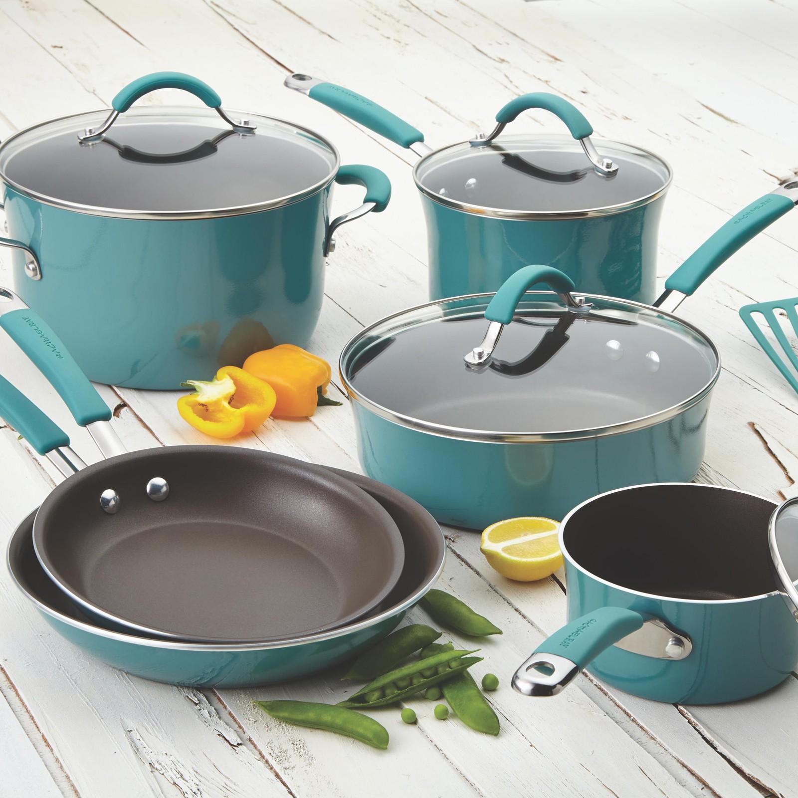 Rachael Ray Cucina Nonstick Cookware Pots and Pans Set, 12 Piece, Agave Blue