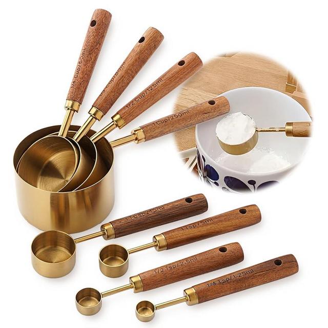 AGIgear Premium Stainless Steel Measuring Cups and Spoons Set with Wood Handle, 8-Pieces Kitchen Essentials for Baking, Cooking, Coffee with Ergonomic Grip & Engraved Markings (Gold8)