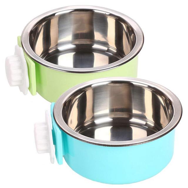 kathson Crate Dog Bowl, Removable Stainless Steel Hanging Pet Cage Bowl Food & Water Feeder Coop Cup for Cat, Puppy, Birds, Rats, Guinea Pigs(2 Packed)