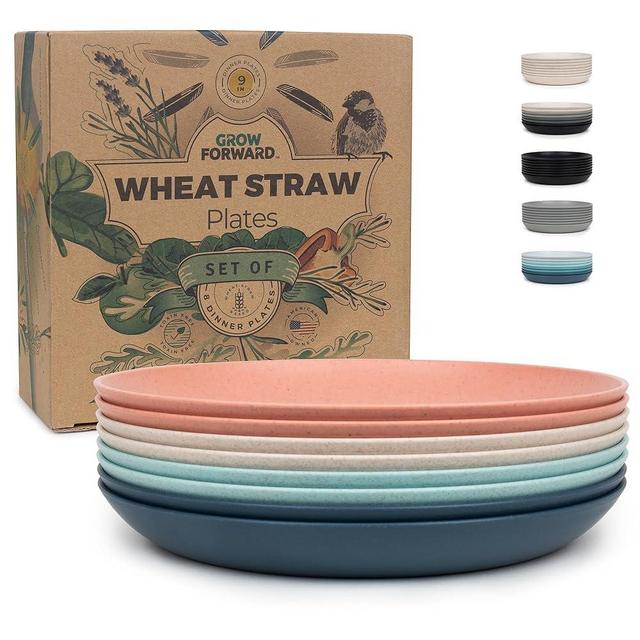 Grow Forward Premium Wheat Straw Plates - 9 Inch Reusable Hard Plastic Dinner Plates Set of 8 - Unbreakable Microwave Safe Plates for Dessert, Camping, RV, Outdoors, Patio, Kitchen Dishes - Tropical