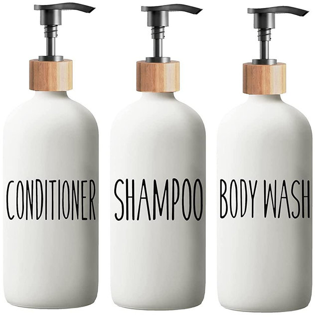 Shampoo and Conditioner Dispenser Set - Easy to Read Labels - Pump Bottle Dispenser for Shampoo, Conditioner, Body Wash - Glass Refillable Containers for Shower (White-Shower Set fo 3)