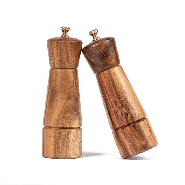 DeroTeno Salt and Pepper Mill Set, Adjustable Ceramic Grinder Salt Mill, Stainless Steel Grinder Pepper Mill, Acacia Wood, 16.5 cm / 6 inch Height, Bottom Dia 5 cm (Tray is NOT Included)
