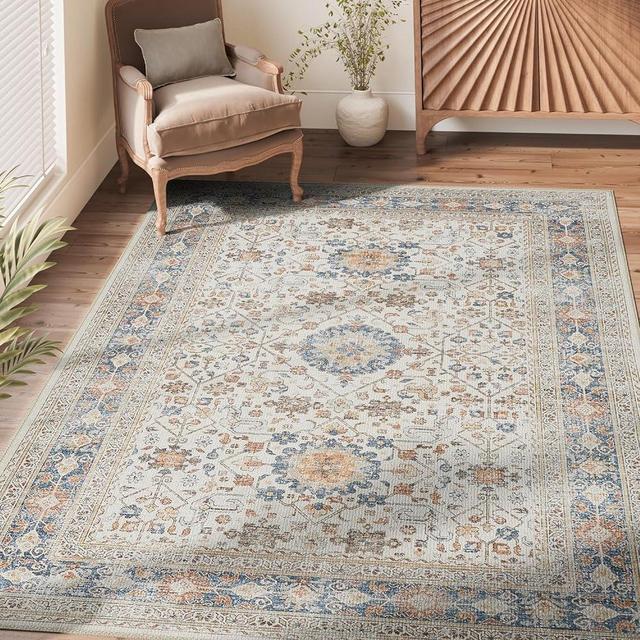 jinchan Area Rug 8x10 Washable Rug Vintage Rug Distressed Orange Multi Floral Kitchen Rug Print Floor Cover Indoor Mat Retro Accent Rug Living Room Bedroom Office Farmhouse