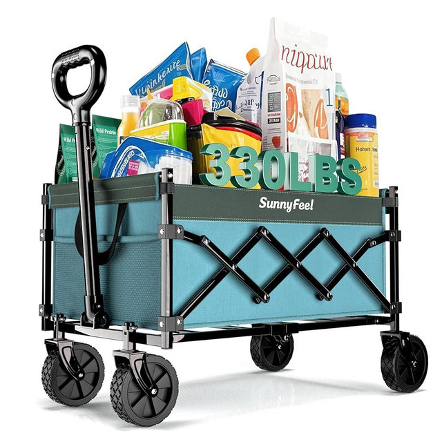 SunnyFeel 330lbs Wagons Carts Foldable,Heavy Duty Collapsible Folding Wagon Carts with Wheels,Lightweight Fold Up Wagon Cart for Outdoor Camping Shopping Sports Beach Garden Grocery
