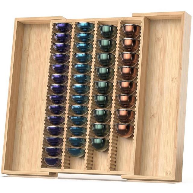 WELL WENG Expandable Bamboo Organizer Holder for Counter Drawer Insert - Compatible with Nespresso Vertuo Capsules - Tea Bags Storage (Natural)