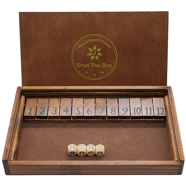 Juegoal Shut The Box Wooden Board Dice Game with 12 Numbers and Lid for Kids Adults Families, 2 Players and Up