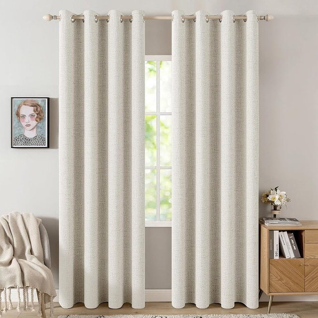 MIULEE Linen Texture Curtains for Bedroom Solid 100% Blackout Thermal Insulated Linen Beige Curtains Grommet Room Darkening Drapes for Living Room 52x84 Inch (2 Panels)