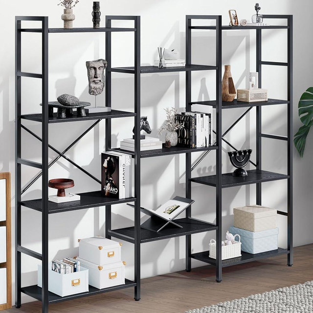 GRUSIGN Triple 4 Tier Book Shelf, Modern Bookcase Shelf, Freestanding Tall Display Shelves for Living Room/Office/Garage, Stable Large Bookshelf with Storage for Books/Lego/DVDs/Potted Plants, Black