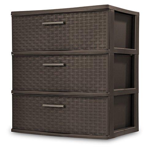 Sterilite 25306P01 3 Drawer Wide Weave Tower, Espresso Frame & Drawers w/ Driftwood Handles, 1-Pack