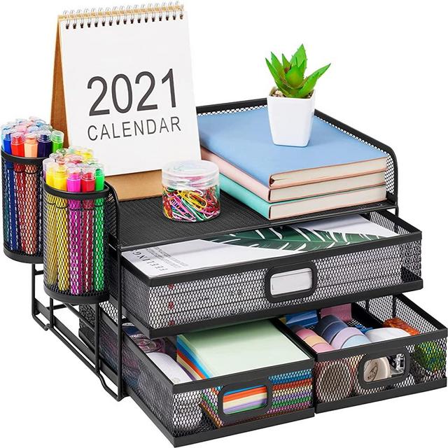 Marbrasse 3 Tier Mesh Desk Organizer with Drawer, Multi-Functional Desk Organizers and Accessories, Paper Letter Organizer with 2 Pen Holder for Home Office Supplies (Mesh desk organizer with 3 drawers)