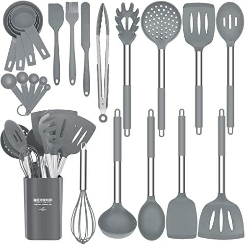 Silicone Kitchen Utensils Set for Cooking, 23pcs Cooking Utensils Sets with Stainless Steel Handle, Spatula, Measruing Tools, Holder, Non-stick Heat-Resistant Cookware Utensil by FODCOKI, Gray